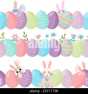 Uova di Pasqua con Bunnies Fiori bordi senza cuciture Illustrazione Vettoriale