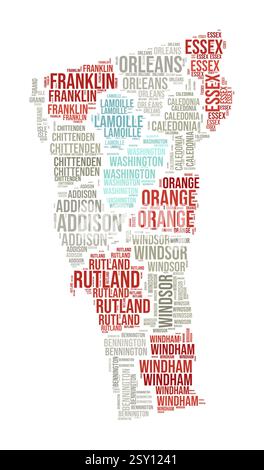Vermont Word Cloud. Forma dello stato con divisione della contea. Immagine in stile tipografico del Vermont. I nomi delle contee tag cloud. Illustrazione vettoriale. Illustrazione Vettoriale