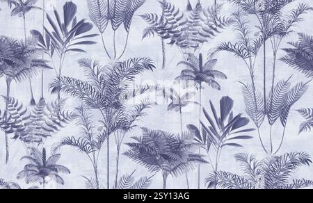 Motivo senza cuciture Blue Vintage con palme tropicali piante in stile lineare illustrazione botanica Vector. Design fogliame per carta da parati, tessuto, involucro Foto Stock