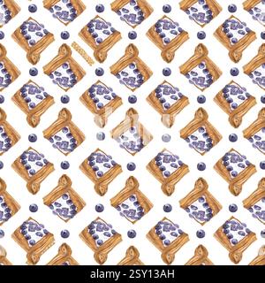 Motivo acquerello senza cuciture con cottura al forno. Clip art dipinte a mano su sfondo bianco. Immagini per menu, cartelli, imballaggi, tessuti, stampati Foto Stock