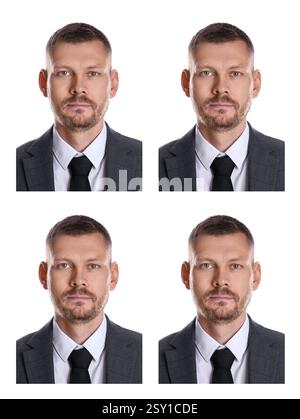 Foto di un uomo per passaporto o altro documento su sfondo bianco, set Foto Stock