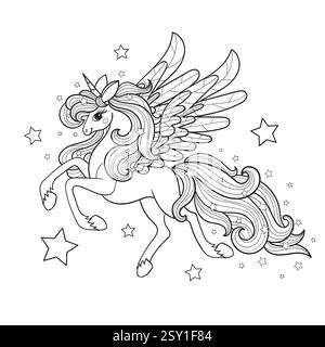 Bellissimo unicorno. Disegno lineare in bianco e nero. Fedeltà alla progettazione per bambini di libri da colorare, stampe, poster, biglietti, adesivi, puzzle, ecc. Ve Illustrazione Vettoriale