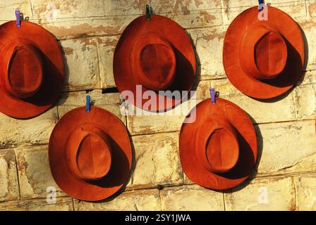 Cappelli di cuoio appeso alla parete del negozio Jaisalmer Rajasthan India Asia Foto Stock