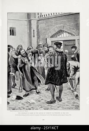 Il sergente d'armi della camera dei comuni maltrattato in città. Un incidente derivante dall'arresto di Un membro del Parlamento da parte delle autorità cittadine durante il regno di Enrico VIII, Archive Illustration of British Parliament. Foto Stock