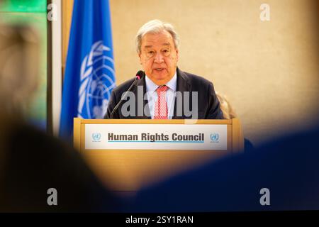 Ginevra, Svizzera - 24 febbraio 2025: Il Segretario generale delle Nazioni Unite Antonio Guterres si presenta alla 58a sessione del Consiglio per i diritti umani alle Nazioni Unite Foto Stock