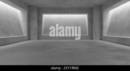 Camera in cemento astratta vuota e moderna con incavi inclinati o nicchie alle pareti con pavimento ruvido e luce superiore - templi interni industriali Foto Stock