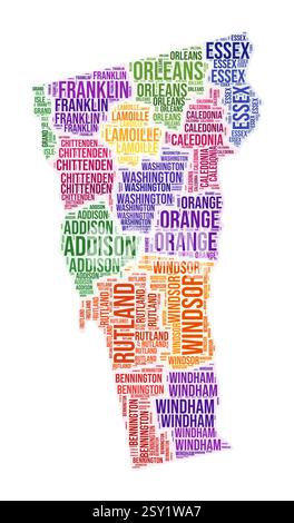 Vermont County Word cloud. Design della forma dello stato. Illustrazione a colori del Vermont. I nomi delle contee collage cloud. Illustrazione vettoriale. Illustrazione Vettoriale