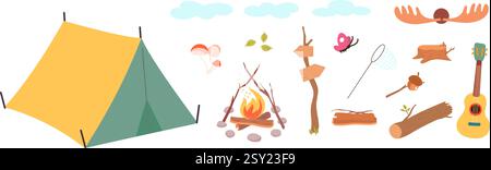 Elementi cartoni animati da campeggio. Tenda isolata, incendio, tronco di legno, foglie e segno di destinazione. Rete per farfalla, nuvole e funghi, paesaggio vettoriale Illustrazione Vettoriale