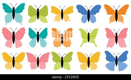 Graziose farfalle in colori pastello. Elementi primaverili ed estivi. Collezione di clip art disegnata a mano. Illustrazione Vettoriale