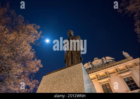 Una splendida statua illuminata di notte, posta sotto un cielo limpido completata dalla luce della luna Foto Stock