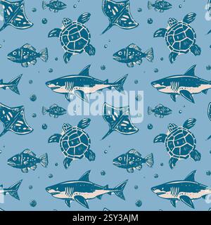 Squali, tartarughe e razze d'epoca con motivo Blue Ocean. Squali, tartarughe, razze e pesci disegnati a mano in blu su sfondo azzurro vintage Illustrazione Vettoriale