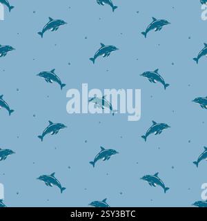 Delfini Blu d'epoca con motivo azzurro dell'oceano. Delfini disegnati a mano in blu su sfondo azzurro con bolle galleggianti ispirate al mare d'epoca Illustrazione Vettoriale