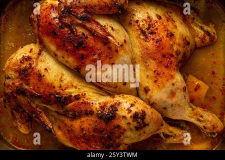 Vista ravvicinata dall'alto di un pollo intero perfettamente cotto con pelle dorata croccante, appoggiato in una teglia di acciaio. Foto Stock