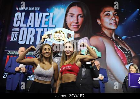 Montreal, Canada. 26 febbraio 2025. La cerimonia di pesatura tra il canadese Kim Clavel e il messicano Anabel Ortiz, che si affronteranno in una lotta per il vacante campionato internazionale e intercontinentale del World Boxing Council e della International Boxing Federation il 27 febbraio al casinò di Montreal, Canada. Il 26 febbraio 2025 a Montreal, Canada. (Foto di Horacio Zamora Rios Eyepix Group/Sipa USA) credito: SIPA USA/Alamy Live News Foto Stock