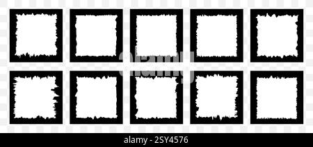 Set di profili quadrati frastagliati. Cornici grunge nere. Fascio di elementi astratti testurizzati per collage, casella di testo, banner, adesivi. Illustrazione vettoriale Illustrazione Vettoriale