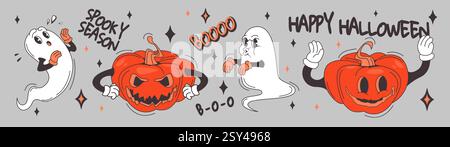 Fantasma e zucca di Halloween, isolati su sfondo grigio. Illustrazione vettoriale di mostri bianchi spaventosi e spaventose mascotte Jack lanterne, simboli delle festività autunnali, motivo per striscioni Illustrazione Vettoriale
