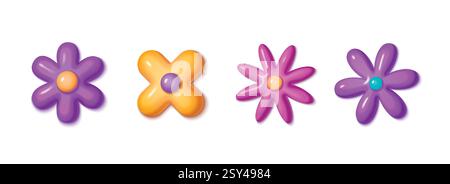 Fiori colorati Y2K isolati su sfondo bianco. Illustrazione vettoriale realistica di icone a forma floreale con petali viola, rosa e gialli, adesivi 3D creativi per striscioni alla moda, biglietti d'auguri Illustrazione Vettoriale