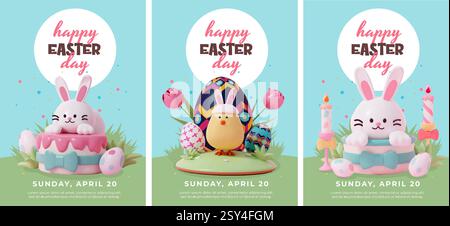Set di divertenti disegni pasquali con coniglietti e uova, illustrazioni vettoriali Illustrazione Vettoriale