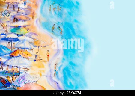 Acquerello astratto che dipinge paesaggi marini colorati di vacanze in famiglia e turismo in un'atmosfera di divertimento estivo su sfondo blu. Foto Stock