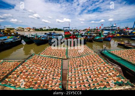 I piccoli pesci vengono essiccati su semplici griglie nel porto di Phan Thiet, Phan Thiáºt, molte barche da pesca colorate sono ancorate di fronte al canale. Phan Th Foto Stock