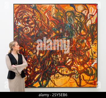White Cube Mason's Yard, Londra, Regno Unito. 27 febbraio 2025. La mostra personale di opere su larga scala dell'artista saudita Alia Ahmad si svolge dal 28 febbraio al 5 aprile 2025. Le opere includono: Alia Ahmad, Clusters, 2024. Crediti: Malcolm Park/Alamy Live News Foto Stock