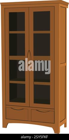 Armadio in legno marrone con porte in vetro. Il cabinet è vuoto e ha un design semplice. L'immagine è in bianco e nero Illustrazione Vettoriale