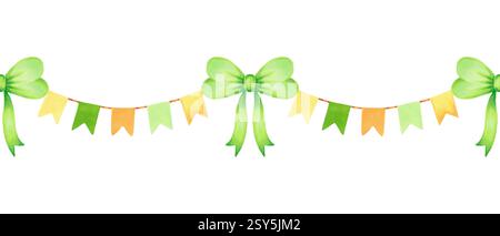 Inchinatevi con garland. Bordo orizzontale senza cuciture con nastro. Illustrazione dell'acquerello e del marcatore. Disegno isolato disegnato a mano. Appendere bandiere per St. Patrick's Foto Stock