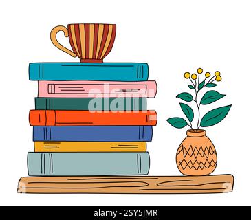 Una pila di libri con un vaso di fiori Illustrazione Vettoriale