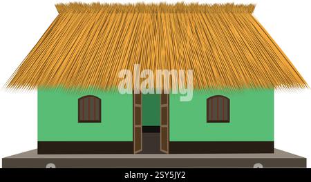 Una piccola casa verde con un tetto di paglia. La casa è vuota e ha un design semplice Illustrazione Vettoriale