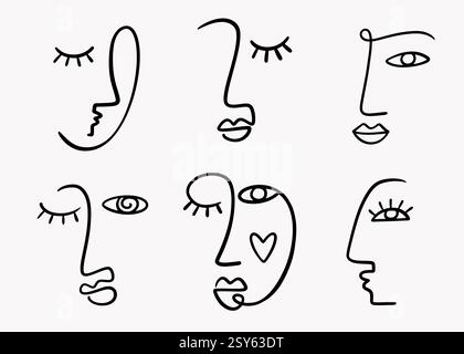 Moda cubismo una linea disegnando donna viso set Illustrazione Vettoriale