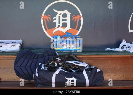 Lakeland FL USA; Un'immagine generale delle attrezzature da baseball nel dugout dei Detroit Tigers prima di una partita di allenamento primaverile della MLB contro i Minnesota Twins al Publix Field al Joker Marchant Stadium. I Twins batterono i Tigers 4-0. (Kim Hukari/immagine dello sport) Foto Stock