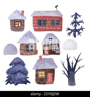 Set di accoglienti case in pietra e mattoni di legno, abeti invernali, alberi senza fogliame, ciaspole. Tutti gli oggetti sono disegnati a mano, isolati su un dorso bianco Foto Stock