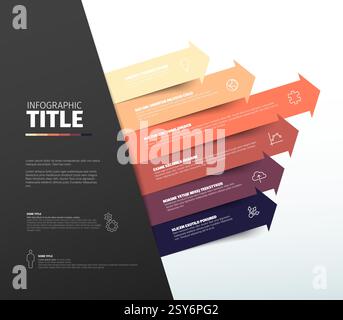 Un'infografica moderna con frecce orizzontali colorate che evidenziano sei sezioni con icone. Il lato sinistro contiene segnaposto di testo per informazioni r Illustrazione Vettoriale