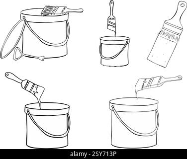 Set di composizione per strumenti di pittura. Barattoli colorati con pennelli e tratto. Illustrazione con inchiostro a linee grafiche isolata su sfondo trasparente. Illustrazione Vettoriale
