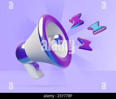 Fulmini olografici in sfondo blu a megafono 3d per annunci di notizie, vendite o assunzioni Illustrazione Vettoriale