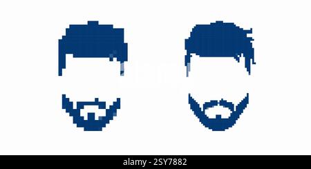 Icone in stile pixel art con volti maschili barbuti con elementi minimalisti e dettagli blu Illustrazione Vettoriale