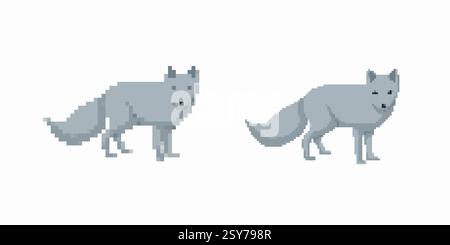 Due lupi artistici pixel che mostrano design stilizzati semplici e unici in tonalità di grigio con dettagli delicati Illustrazione Vettoriale