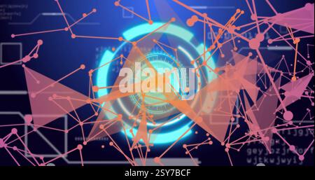 Immagini astratte geometriche e connessioni digitali su sfondo blu con motivi circolari Foto Stock