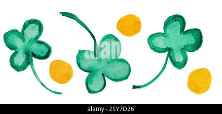 Disegnare a mano trifoglio ad acquerello, cappello verde e monete d'oro isolate su sfondo bianco con percorso di ritaglio. Elemento di design per una perfetta fluidità Foto Stock