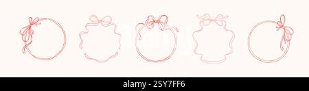 Gruppo di bordi del nastro ad arco del cerchio. Illustrazione del vettore coquettish disegnata a mano. San Valentino, addio al nubilato, compleanno, Natale, invito al matrimonio. IT Illustrazione Vettoriale