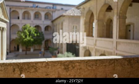 Vista sfocata di un vecchio cortile universitario con architettura storica e alberi, che evoca un'atmosfera educativa all'aperto molto tardi Foto Stock