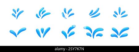 Collezione di elementi di acqua blu spruzzati in varie forme su uno sfondo chiaro Illustrazione Vettoriale