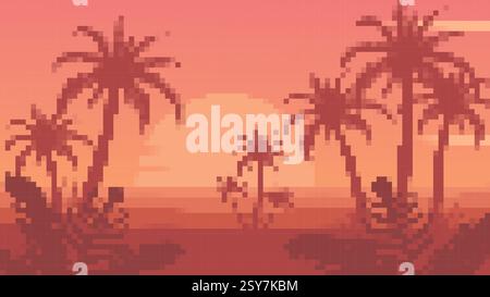 Pixel art tramonto con silhouette di palme adagiate su un cielo arancione vibrante Illustrazione Vettoriale