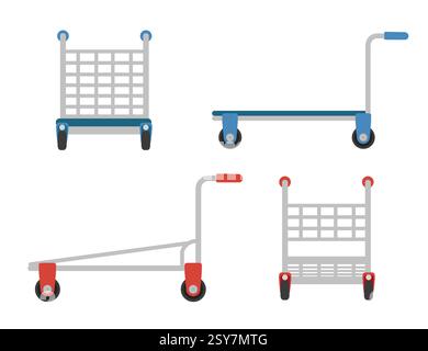 Set di carrello per magazzino con piattaforma in acciaio con maniglia blu e rossa. Carrello con ruote in metallo. Attrezzature da supermercato. Carrello con maniglie. Materiale logistico Illustrazione Vettoriale