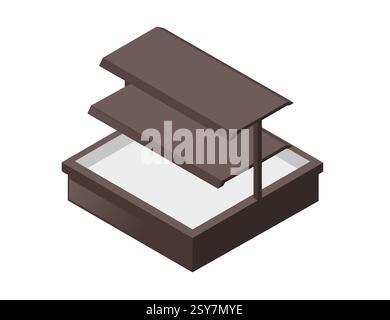 Ripiano isometrico in legno con più livelli orizzontali. Tavole di legno nero. Scaffale vuoto. Supermercato o negozio di alimentari. Vettore i Illustrazione Vettoriale