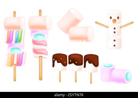 Collezione di lecca lecca marshmallow in rosa, blu e arancione, disposti su bastoncini di legno. Caramelle squisite. Dolce e gustoso dessert, cibo zuccherino. Illustrazione vettoriale Illustrazione Vettoriale