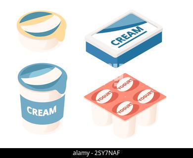 Raccolta isometrica di prodotti lattiero-caseari. Contenitore cilindrico blu per panna e yogurt. Confezione rettangolare di burro. Cucinare prodotti lattiero-caseari. Cibo da negozio di alimentari. Illustrazione Vettoriale