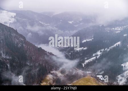 Mattina invernale di Foggy nella valle di Todtnauer - paesaggio sereno e nebbioso della Foresta Nera, Germania meridionale Foto Stock