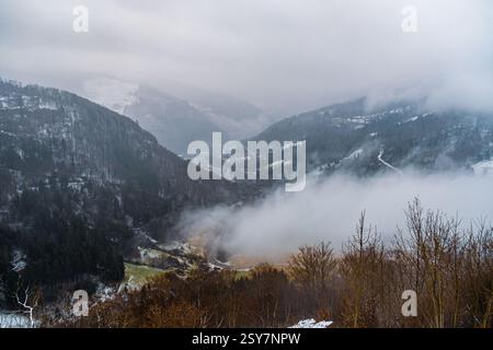 Mattina invernale di Foggy nella valle di Todtnauer - paesaggio sereno e nebbioso della Foresta Nera, Germania meridionale Foto Stock
