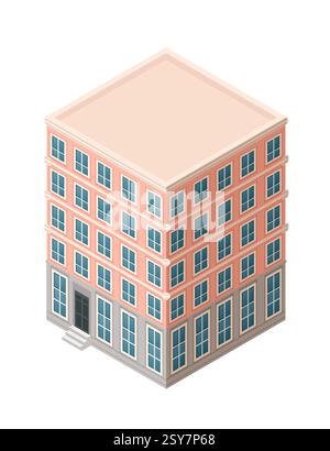 Edificio di appartamenti isometrico rosa-beige con finestre blu. Residenza urbana a cinque piani con ingresso al piano terra. Abitazione in città con finestra uniforme pa Illustrazione Vettoriale
